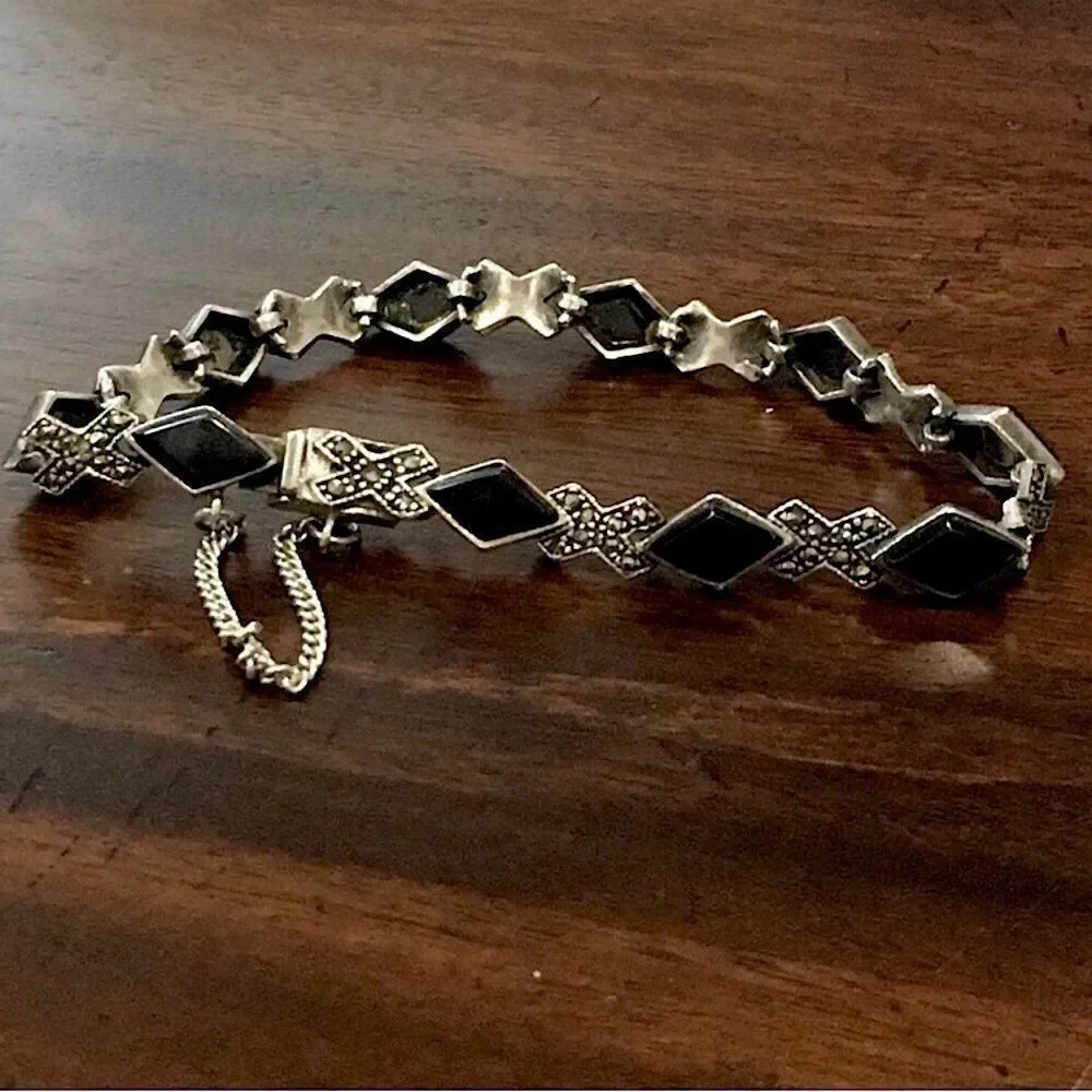Vintage Black Onyx Marcasite Sterling Silver Tennis Bracelet